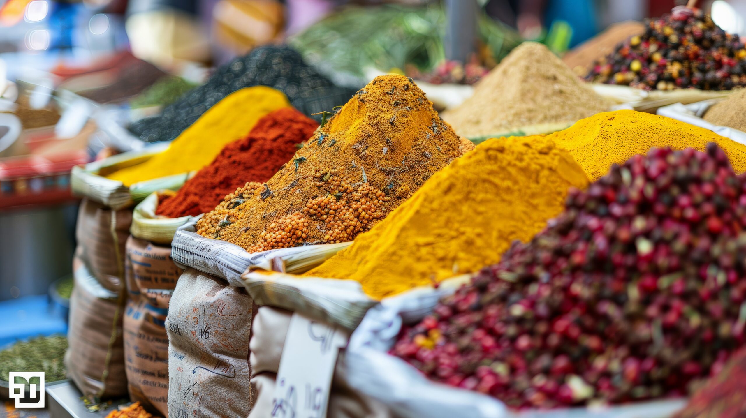 open air market with traders selling spices and herbs, aromatic and colorful